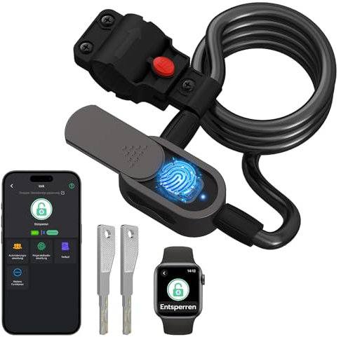 Eseesmart Fingerabdruck Fahrrad Schloss mit Schlüssel, 150cm/12mm Bluetooth Fahrradschlossf Hohe Sicherheit Anti Diebstahl Wasserdichtes Fahrradschloss mit Halterung für E-Bike Scooter Bicycle Lock