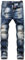 ZMIN Jeans da uomo a gamba piccola con fori strappati tessuto adesivo non elasticizzato, pantaloni blu retrò con schizzi di vernice, Blu, 48
