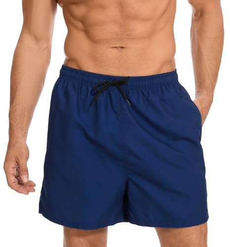 AMZSPORT Bañador Hombre Corto Shorts de baño Impermeables Bermudas con Forro de Malla y Bolsillos, Azul Marino L