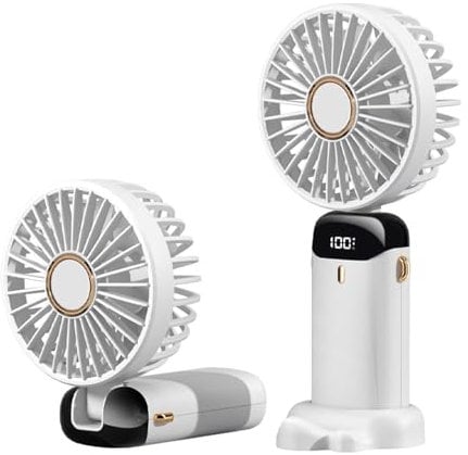Anncain Portable Handheld Fan,Mini Foldable Desk Fan,USB Rechargeable Fans with 5 Speeds,Battery Operated Mini Handheld Fan with LED Display for Home Office Travel (White)