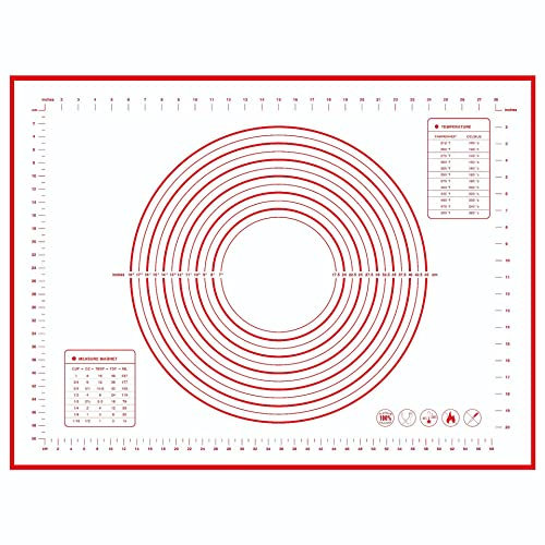 Grand tapis de cuisson en silicone 60 x 80 cm - Anti-adhésif - Marques de mesure - Dessous antidérapant - Pour pâte, fondant, macarons, biscuits, pizza (rouge + 1 grattoir + 1 brosse
