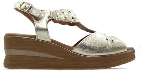 PITILLOS - Sandalia de pala,casual,cuña 7cm,plataforma,suela de goma,planta de gel,elásticos,de piel, para: Mujer color: ORO talla:38