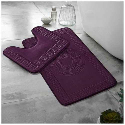 Lions Bath Mat - 2 Piece Greek Key Pattern Bath Mats for Bathroom, Non Slip Bathroom Mats Pedestal Set, Super Soft Washable Toilet Rugs, Quick Dry Water Absorbent, Purple