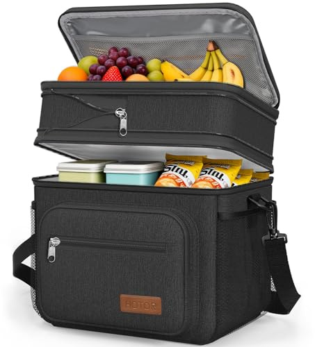 HOTOR Lunch Box for Men & Women - Double-Layer Insulated Lunch Bag with Leakproof Liner, Portable Cooler for Work, Travel, or Picnic, Black, 12L, 11.1 x 9.7 x 6.7