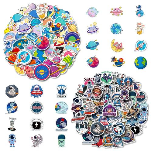 xolear 100 Stück Astronauten Weltraum Sticker, Science Fiction Universum Astronaut Aufkleber Packs für Kinder Jugendliche, Rakete Raumkapsel Wasserdichte Aufkleber, für Laptop Kinder Autos Fahrrad
