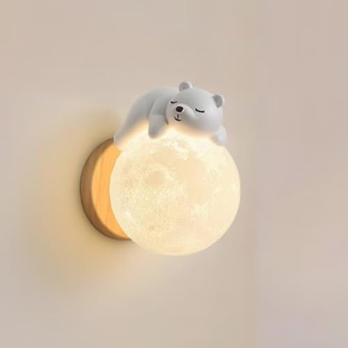 LOGT LED Mond Wandlampe Innen Bären Wandleuchte Holz Cartoon Mond Lampe Moderne Dekoration Wandbeleuchtung Jungen und Mädchen Kinderzimmerlampe G9 Nachttischlampe für Schlafzimmer Wohnzimmer Flur