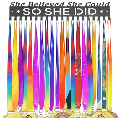 DSVENROLY Medaillenhalter für die Wand, Award Aufhänger, 20 Haken, Schwarz | Stahl Ständer Rack Halter für Sportfan, Passt in jeden Raum, einfache Installation, She Believed She Could So She Did