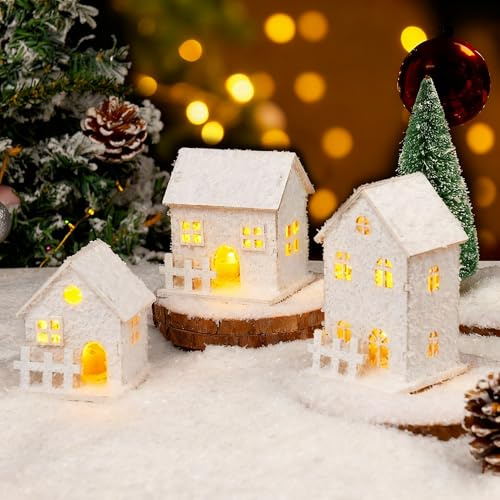 Weihnachtsdeko, 3 Stück Led Haus Weiß Teelichter Weihnachten Beleuchtung Set Weihnachtsdorf Beleuchtet Weiß, Mini Lichthaus Gästehaus Weihnachtshaus Deko Weihnachten Innen Fensterdeko