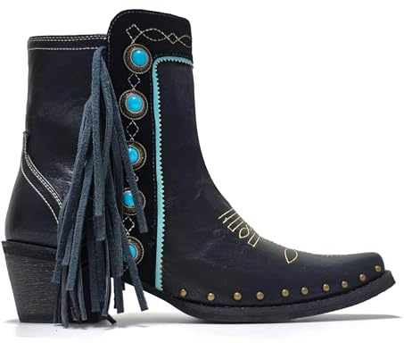 MissHeel Cowgirl Booties for Women Short Cowboy Boots with Fringe Turquoise Western-Boots Studded Ankle Boot Black Size 12