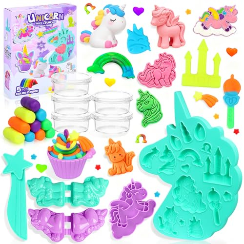 KOVSGQ Einhorn Knete Werkzeug set Knete set Mädchen DIY Knetwerkzeug Einhorns Kinderspielzeug 21Stk Kann Wiederverwendet Werden Geschenk für Kinder Mädchen 3 4 5 6 7 8 Jahre(Einhorn)