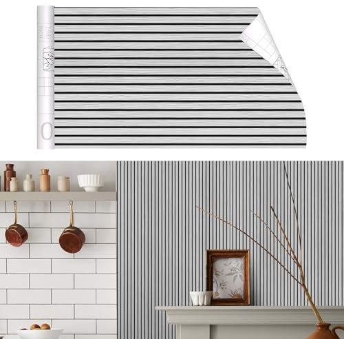 Tokenhigh Peel and Stick Wallpaper, 40x300cm Self Adhesive Stripe Wallpaper, Removable Vinyl Contact Paper for Walls, Furniture, Kitchen, Bathroom, Bedroom, Renter Friendly Decor (Light Grey)