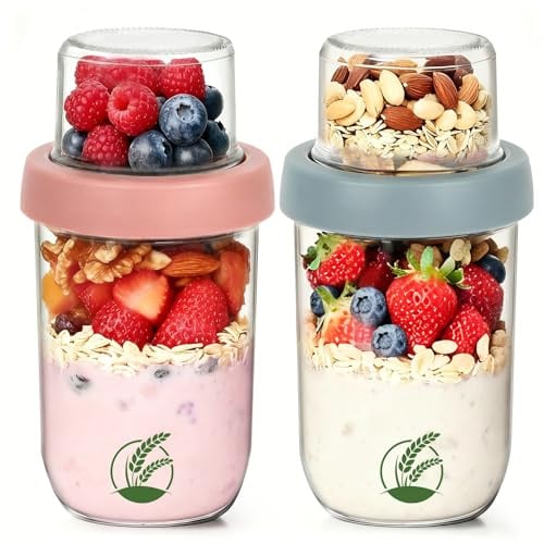 Artlyfe Lot de 2 Overnight Oats Jar 500ml + 120ml, Double Couche Pot Yaourt en Verre avec Couvercle, Bol Céréales à Emporter en Verre, Pour Avoine, CéRéAles, Fruits, Lait, Salade, Yaourt
