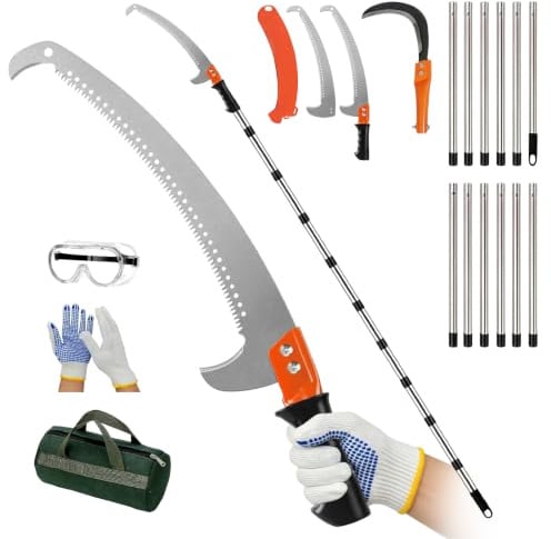 Teleskop Astsäge aus Kohlenstoffstahl,Astsäge mit Teleskopstiel+Sichel,mit 12-teiliger Teleskopsäge 0,59-5,53m Hochentaster Baumsäge,Tragetasche,Schutzbrille und Handschuhe,C60 Profi-Gartengeräte