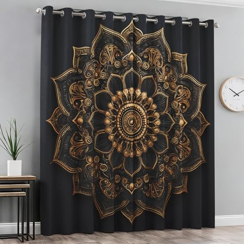 Generisch Vorhänge Schwarz Gold Mandala, Indisch Bohemien Hippie Vorhang Blickdicht Schlafzimmer Wohnzimmer, Verdunklungsvorhänge, Gardinen mit Ösen 2er Set, H160 X B140 cm E-D25