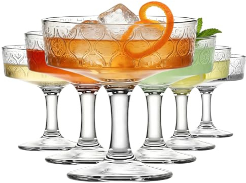 MYKAGS Gläser Set 6 350 ml Dessertgläsern, Martini Gläsern mit Blumenprägung, edlen Cocktailgläsern mit Stiel, Champagnerflöten und langstieligen Gläsern
