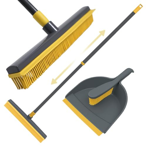 Knight Rubber Broom & Dustpan Rubber Brush Set, Telescopic Extendable Long Handle, Silicone Carpet Cleaning Broom & Brush, Broom With Squeegee For Pet Hair Removal & Floor Cleaning - Grey/Yellow.