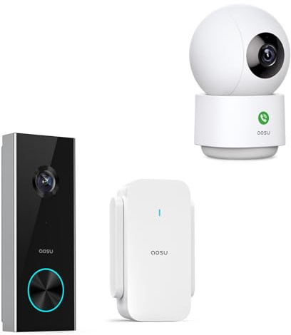 aosu 2.5K Indoor Camera & 2K Wireless Video Doorbell Bundle, 360° Pan-Tilt, Human Detection, Two-Way Audio, 180-Day Battery, 2.4GHz Wi-Fi, Works with Alexa