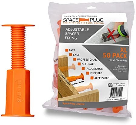 Space-Plug Adjustable Spacer Fixings (XL size for 45-80mm gaps), 50 Pack of Original Orange Spacers, Professional & DIY use for kitchen, bedroom, bathroom & furniture installations