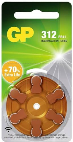 GP Lot de 6 Piles pour appareils auditifs ZA312 PR41 Zinc-air 312 1,45 V