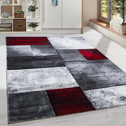 HomebyHome Teppich 160x230 cm Kurzflor Konturenschnitt in Rot Grau Weiß Kariertes Design, Waschbar, Pflegeleicht, Extra Weich Für Wohnzimmer, Esszimmer, Schlafzimmer
