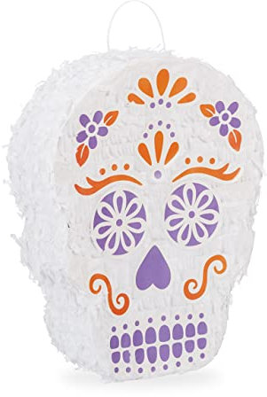 Relaxdays 291 TLG. Pinata Set Totenkopf, Pinatastab & Augenbinde, 288 Goldtaler, Piñata, Stab mit Augenmaske, Tag der Toten, bunt