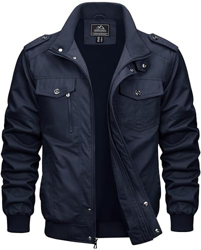 MAGCOMSEN Blouson Aviateur Cargo pour Hommes Léger Coupe-vent en Coton Multipoches avec Col Rabattu Zippe Navy 2XL