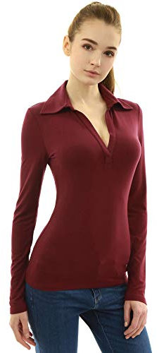 AmélieBoutik Women Collar V Neck Long Sleeve Polo Shirt (Burgundy X-Large 16)