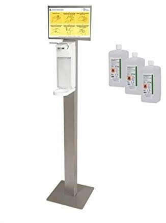 Blanc HYGIENIC Desinfektionsspender Universal – Armhebel-Spender mit Standfuß, Spender stehend inkl. Infotafel und 6X 500 ml Desinfektionsmittel, ergiebige Händedesinfektion, Weiß