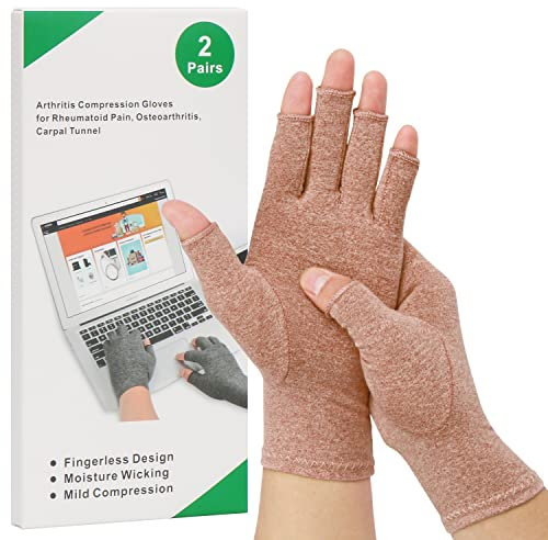 2-Pair Arthritis Compression Gloves for Alleviate Rheumatoid Osteoarthritis, Carpal Tunnel Raynauds Disease, Ease Muscle Tensi on Fingerless, Breathable & Moisture, Women and Men (Coffee, Medium)