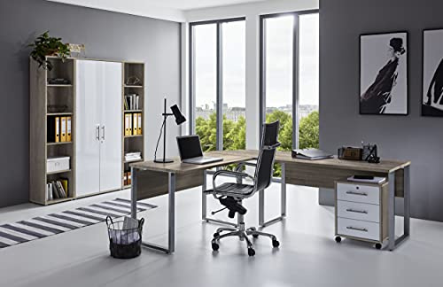 Büromöbel komplett Set Arbeitszimmer Office Edition in Eiche Sonoma/Weiß Hochglanz lackiert (Set 3)