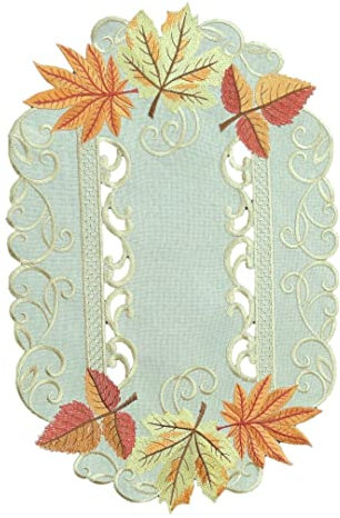 Herbst Kastanien Blätter Tischdecke Deckchen oval Leinen-Optik Beige Gold braun Bestickt (22x37)