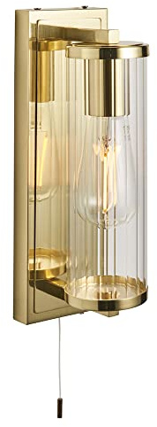 Satin Brass Bathroom Wall Light & Ribbed Cylinder Glass Shade IP44 Rated Fitting | Satin Brass Plate & Clear Ribbed Glass Finish - Bulb Not Included - Requires 10W LED E27 - Non-Dimmable Lighting