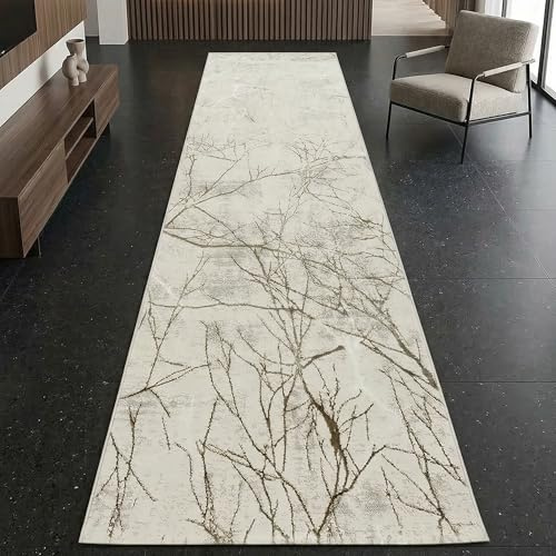 CARPETIA Teppich Abstrakte Zweige Creme mit Glanzeffekt 80x300 cm | Weich, pflegeleicht, schmutzabweisend und strapazierfähig, mit Glanzeffekt, OEKO-TEX geprüft, für Wohn- & Schlafzimmer