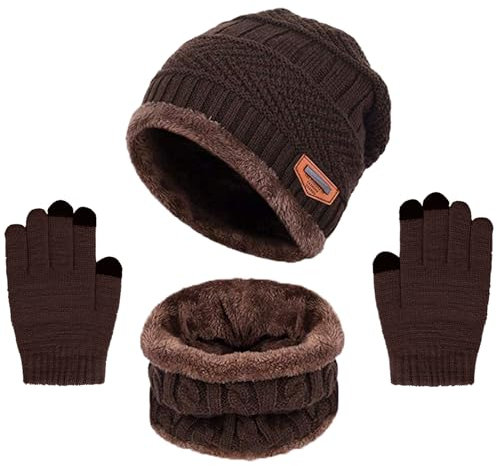Wintermütze Kinder Schal Handschuhe 3PCs Fleece Gefüttert Beanie Strickmützen Warmem Mütze, Schal & Touchscree Handschuhe-Sets Verdicken Fleece Thermisch für Jungen Mädchen, Kaffee