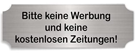 Schild Briefkasten selbstklebend mit Gravur - Bitte keine Werbung und kostenlose Zeitungen - Aluminium-Look Briefkastenschild 6 x 2,5 cm