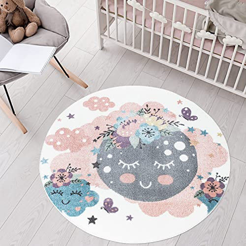 carpet city Teppich Kinderzimmer Mond - Creme, Multi - 160 cm Rund - Kinderteppich Kurzflor mit Wolken, Blumen, Sterne - Weicher Flor