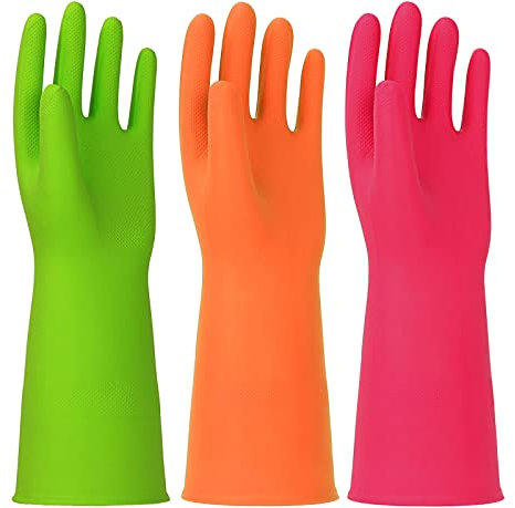 HINSOCHA 3 Pairs Reusable Rubber Gloves Latex Free Dishwashing Gloves - 13 Household Cleaning Gloves Small Green + Orange + Red