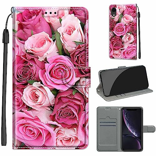 TOMYOU PU Leather Wallet Case for iPhone XR, Flowers | Pouch Design, Book Flip Folio, Magnet Closure, Kickstand, Card Slots, Wrist Strap Lanyard, Pattern Style