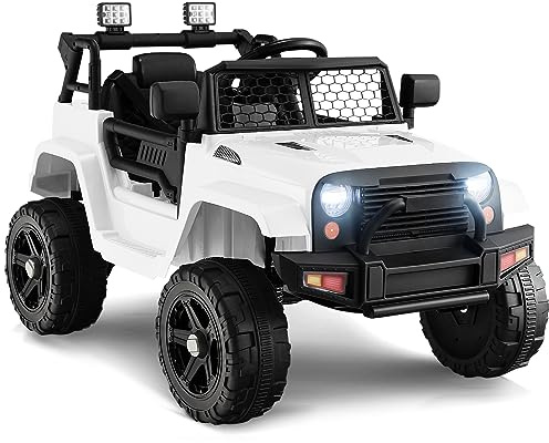 GYMAX Kids Ride on Car, 12V Battery Powered Car with Remote Control, MP3, USB/Aux Port, Lights, Music, Horn, Spring Suspension, Safety Belt&Slow Start, Children Electric Truck for 3 Years Old +(White)
