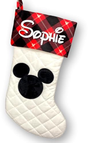 Disney Personalisierter Weihnachtsstrumpf – Mickey Mouse Weihnachtsdekoration – gestepptes Büffelkaro mit versteckten Mickey-Ohren-Fan, Andenken, Geschenk, Urlaubsdekoration mit individuellem Namen