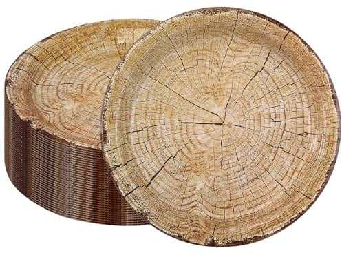 CEILIWEN Lot de 50 assiettes en papier effet bois rustique pour décoration de table de fête sur le thème de la forêt, 22,9 cm