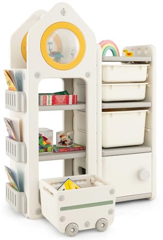 COSTWAY Kids Storage Units, Children Toy Organizer with Plastic Bins, Pull-Out Drawers and Door Cabinet, Toddler Storage Chest for Nursery Playroom Bedroom (House Shape)