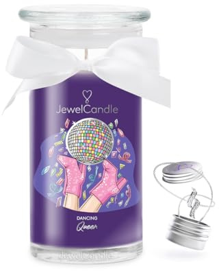 JuwelKerze Dancing Queen Halskette Silber - große Schmuckkerze 80 Std - Duftkerze mit fruchtigem Duft - Kerze mit Schmuck Überraschung - Geschenke für Frauen