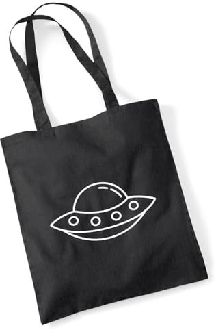 huuraa Jutebeutel Raumschiff UFO Tasche Baumwolle 10 Liter Black mit Motiv für alle Alien Fans Geschenk Idee für Freunde und Familie