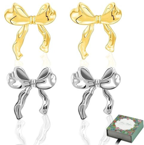 Uirheurd Bow Earrings 2 Paar Schleifen Ohrringe Silber Bow Earrings Gold Schleife Ohrstecker Damen Ohrringe Schleife Ribbon Earrings Bogen Ohrstecker Ohrringe für Damen Mädchen Valentinstag Geschenke