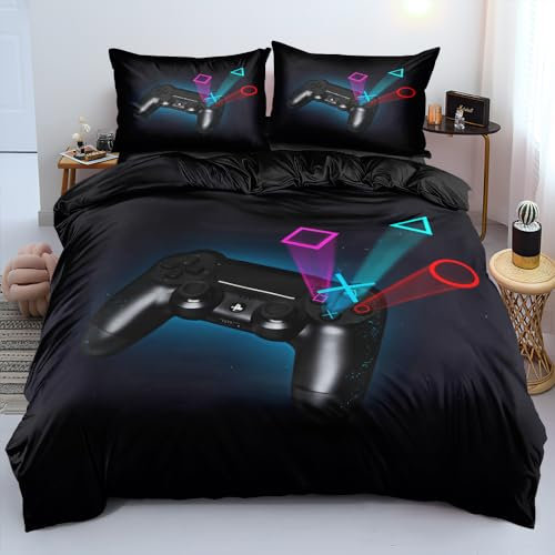 Boqingzhu Schwarze Bettwäsche 135x200cm Gamer Gamepad Spiele Jungen Wende Bettwäsche Set 3D Druck Microfaser Bettbezug und Kissenbezug 80x80cm mit Reißverschluss
