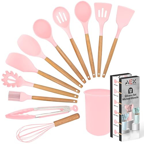 AEX Kitchen Utensils Set - 12 Pcs Cooking Utensils Set - Kitchen Utensils Set with Holder Heat Resistant Silicone Utensil Set Non Stick Utensils with Wooden Handle Spatula Utensil Set (Pastel Pink)