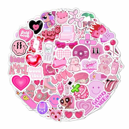 BulbaCraft 100 adesivi Y2K rosa per bottiglia d'acqua e computer portatile, bomboniere e decorazioni Y2K, adesivi in vinile impermeabili, adesivi estetici anni 2000, regali per donne e uomini