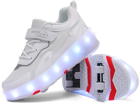 Mateju Schuhe mit Rollen für Jungen Mädchen Kinder Rollschuhe Schuhe mit 4 Rollen, 2 in 1 Turnschuhe Versenkbarer, Damen Herren Roller Schuhe Turnschuhe Skateboardschuhe 32 EU Weiß