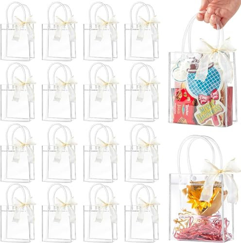 CLUEWR 50 Stück Klare Geschenktüten mit Griffen, 15 x 13 x 7 CM Durchsichtige Geschenktasche, Transparente Geschenk Verpackung für Hochzeit, Party, Boutique